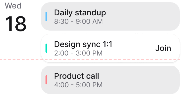 A day agenda inside Creataly — standup, design sync and product call with times