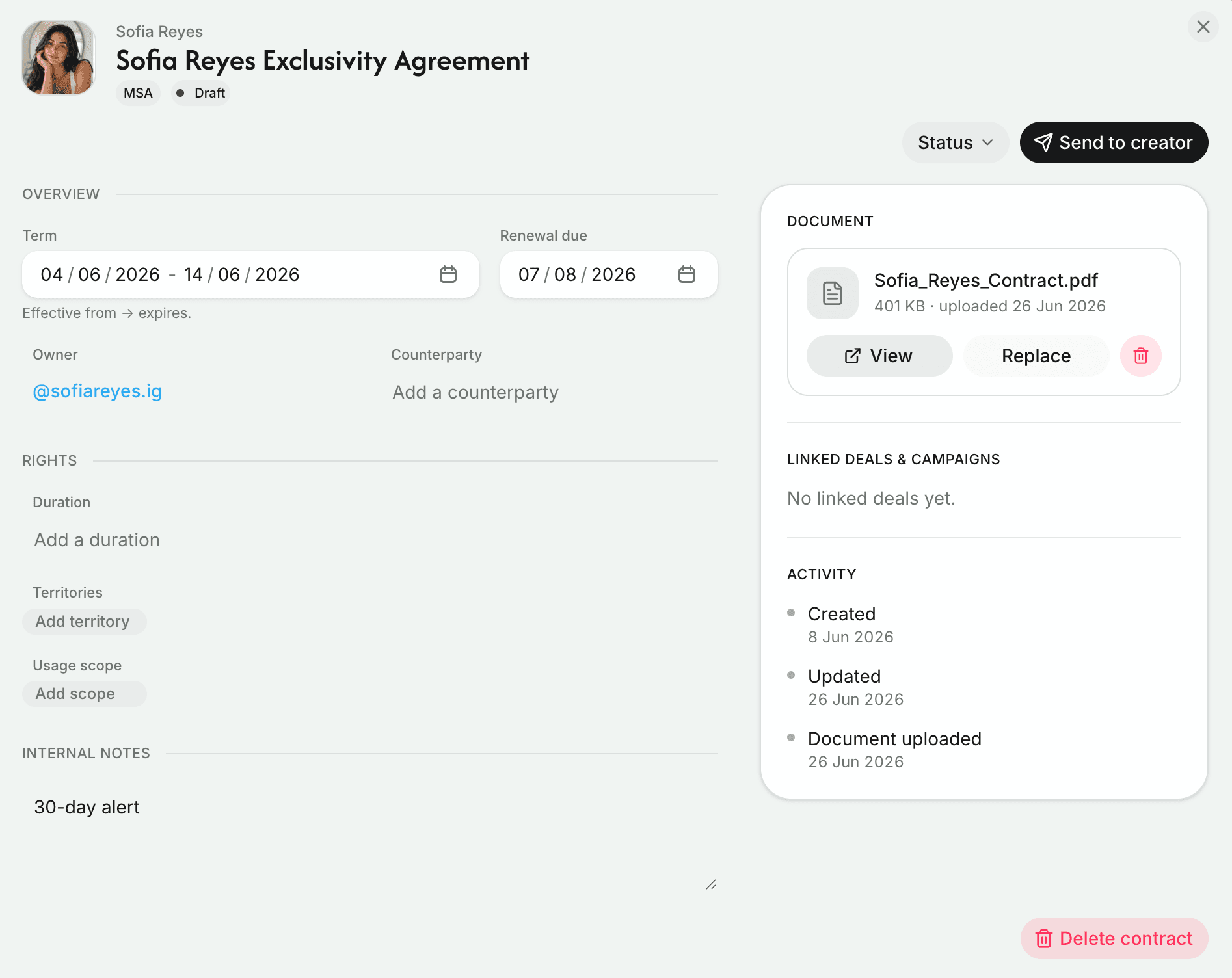 Creataly contract detail — term, renewal date, rights, linked document and activity timeline