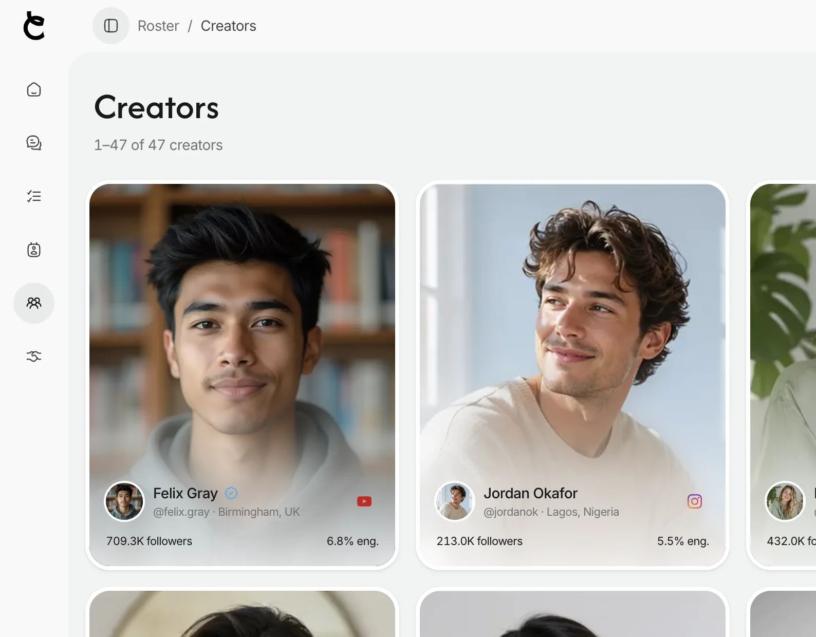 The Creataly Creators grid — creator cards with photo, handle, location, follower count and engagement rate