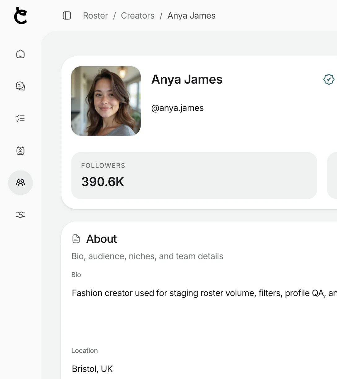 A Creataly creator profile — avatar, name, handle, follower count and the About panel