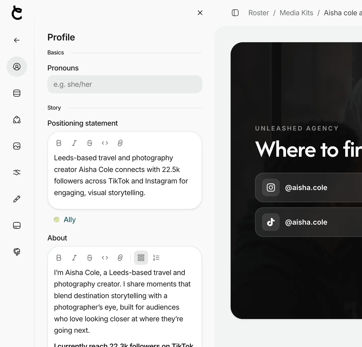 A Creataly creator kit being edited, showing pronouns, an AI-drafted positioning statement and about copy beside the live public page