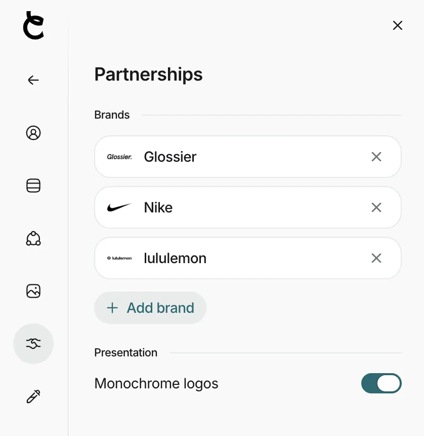 The partnerships panel of a Creataly media kit, showing Glossier, Nike and lululemon added as past brands with a monochrome logo toggle
