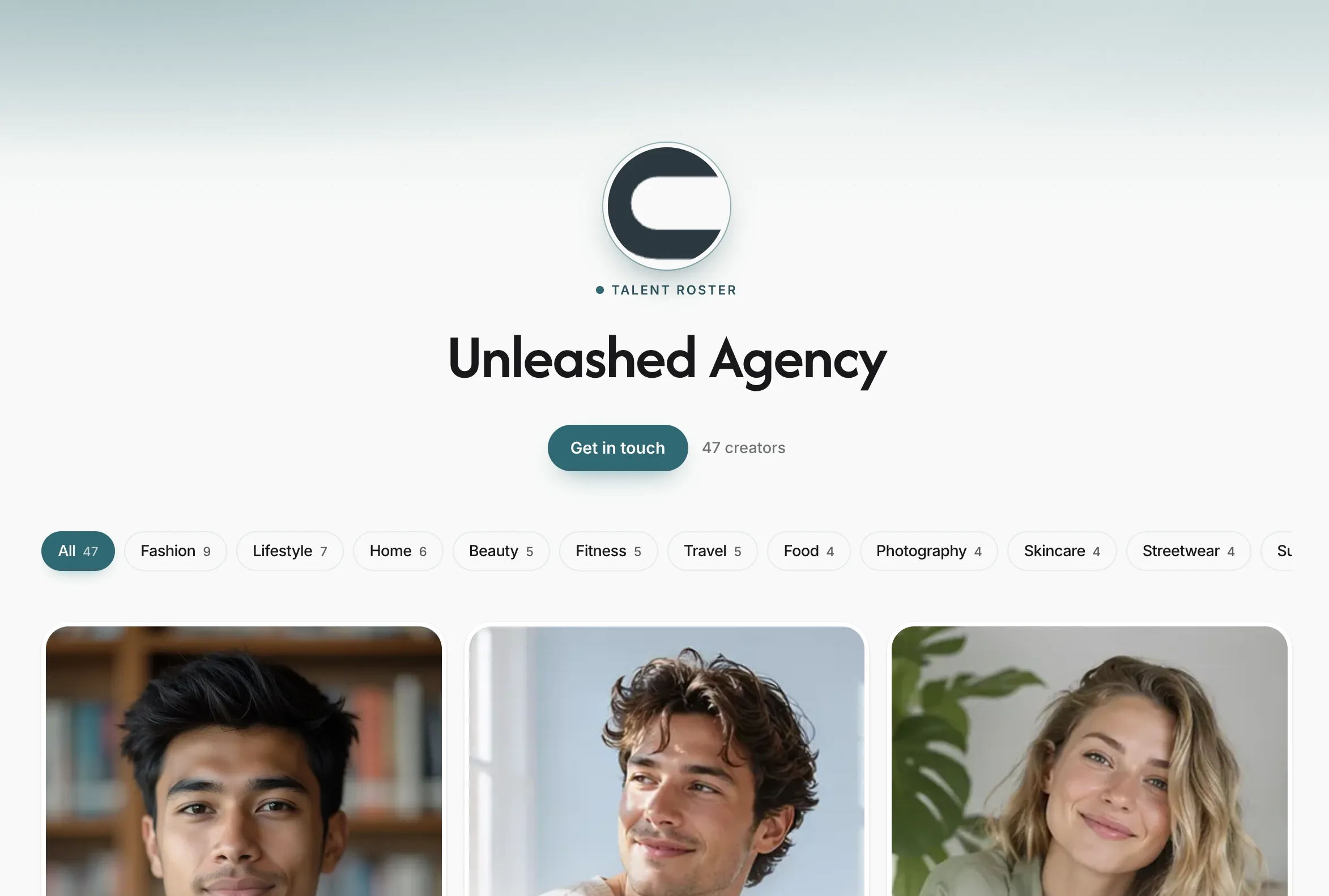 A published Creataly agency roster page, showing the agency logo and name, a get-in-touch button, a creator count, niche filters and the creator grid