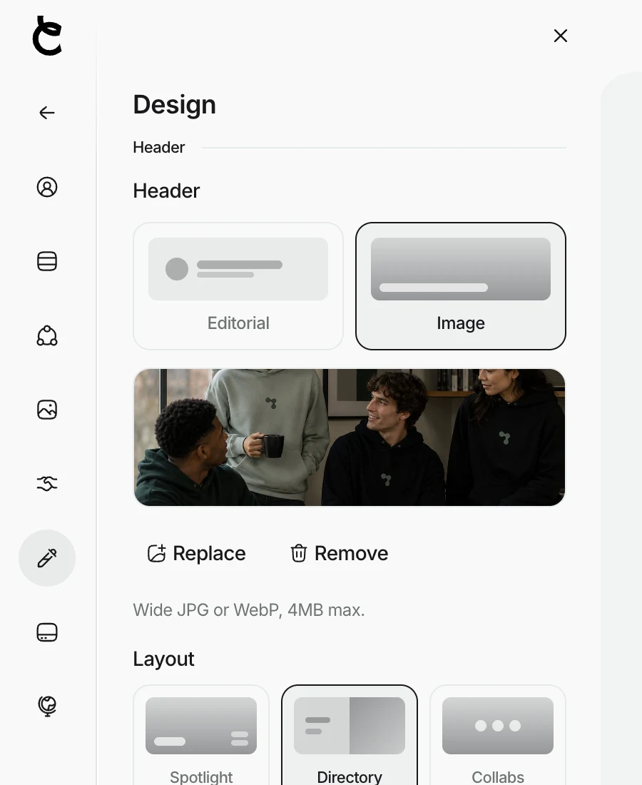 The Creataly media kit designer, choosing a header style and layout for a creator's press kit