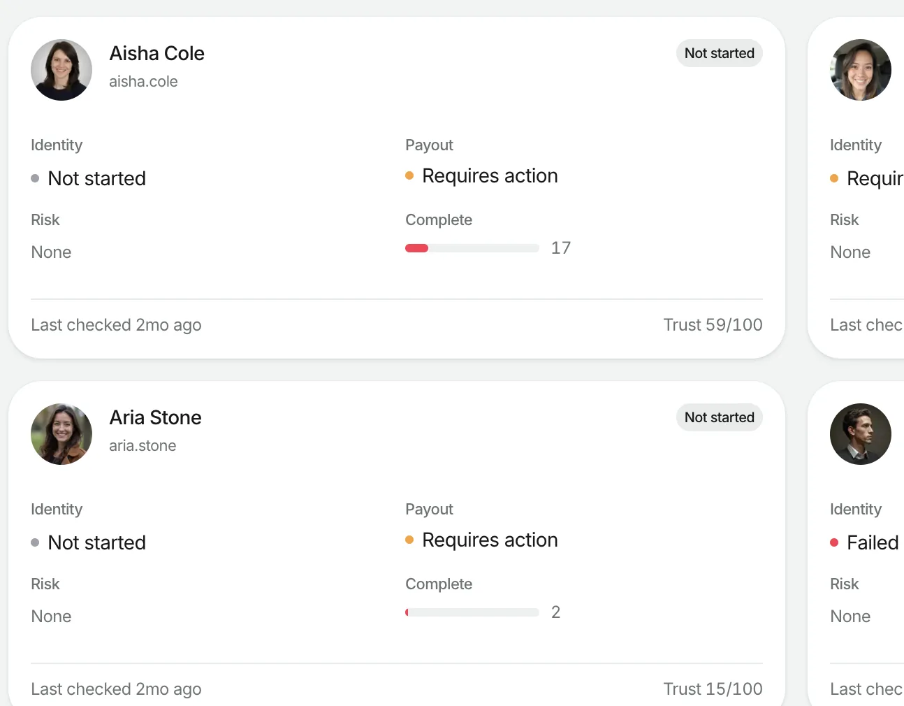 Creataly verification cards across a roster, showing identity and payout state, risk signals, completeness and a trust score on every creator